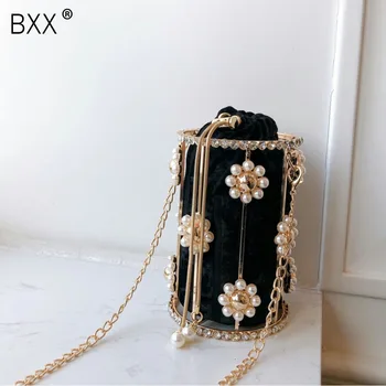 

[BXX] 2020 Pearl Rhinestone Evening Bags Women Luxury Small Metal Cage Party Purse Ladies Beaded Chain Bucket Shoulder Bag HJ896
