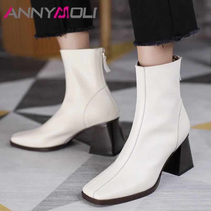 

ANNYMOLI Genuine Leather Thick Heels Short Boots Women Ankle Boots Shoes Square Toe High Heel Zip Lady Boots Autumn Winter Black