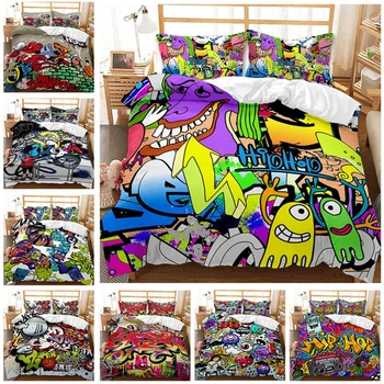 

Customed Anime Hip-hop Bedding Set Graffiti Code Textile Duvet Home 3pcs Queen Size Bedding Cover Set Printed