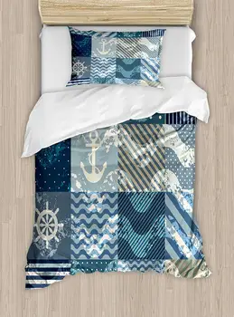 

Nautical Duvet Cover Set Marine Theme Wave Patterns in Patchwork Style Boxes Squares Striped Anchor Print Decorative 2 Piece