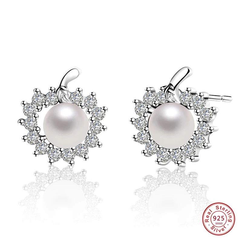 

Elegant Fashion 925 Sterling Silver Stud Earrings Freshwater Pearl Zircon Crystal brincos Earrings For Women Jewelry oorbellen