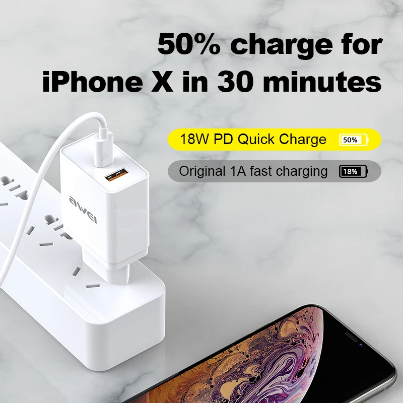 Быстрое зарядное устройство AWEI C 980 18 Вт QC3.0 USB + PD Type быстрое для телефона настенный