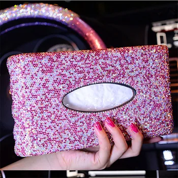 

Beautiful Women Lady Car Tissue Box with Glitter Crystals Sun Visor Hanging Type Tissue Storage Box Pink Gold White Purple