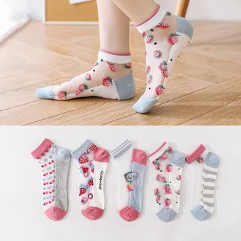

5Pairs Cartoon Fruit Korean Style Transparent Summer Thin for Women Medium Socks Breathable Glass Lace Sokken