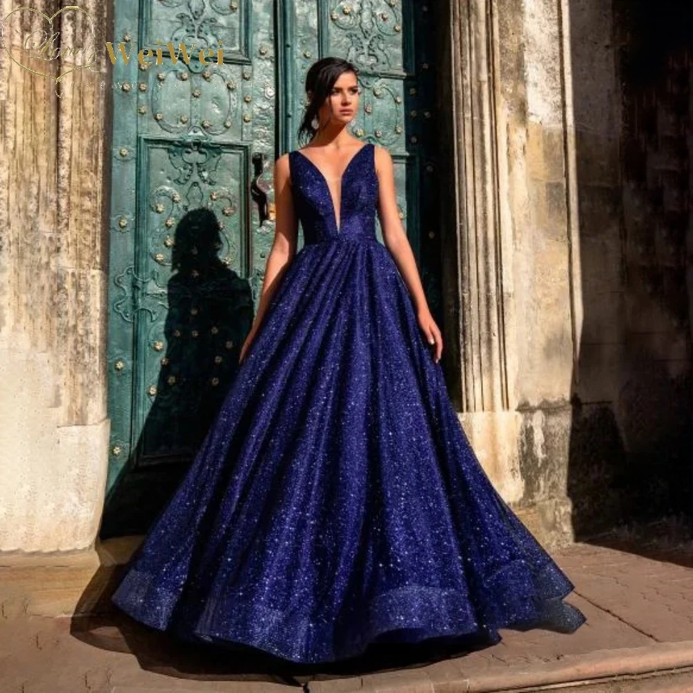 Blue Princess Evening Derss Long V-Neck Sleeveless Floor Length Backless Ruffles Prom Gowns Dresses Woman Party Night evening gowns