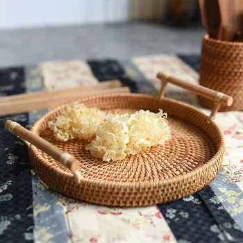 

Rattan Storage Tray, Round Basket with Handle, Hand-Woven, Rattan Tray Wicker Basket Bread Fruit Food Breakfast Display