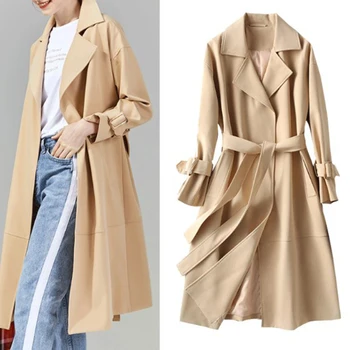 

Female Trench Coat 2019 Spring and Autumn Ladies Windbreaker Over The Knee Long Solid Color Windbreaker Coat Women's Windbreaker