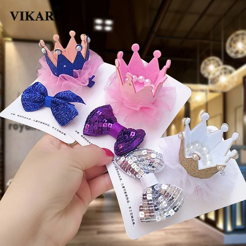 

2PCS/Set New Women Girls Cute Crown Bows Hair Clips Children Sweet Headband Hairpins Barrettes Kids Fashion Hair Accessories