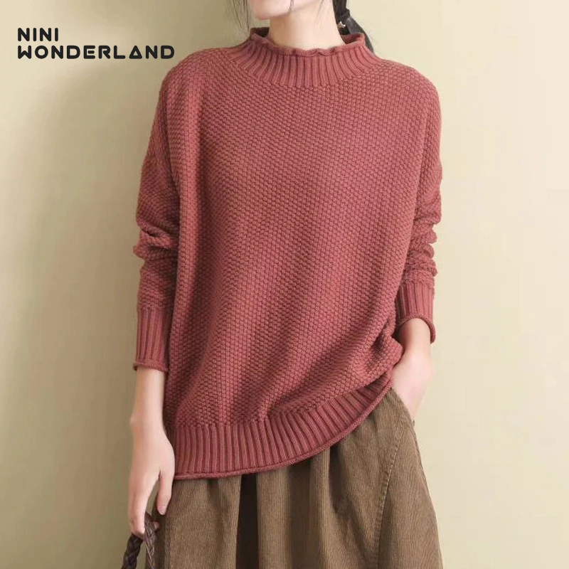 

NINI WONDERLAND Woman Cotton Pullover Sweater 2019 Autumn Winter Turtleneck Sweaters Female Loose Casual Knit Sweater Big Size