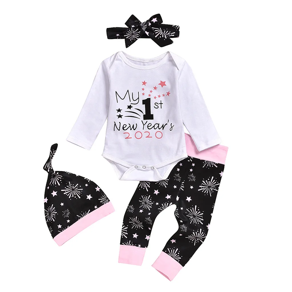 Infant Baby Clothes My First New Year Letter Romper+Pants+Hats+Hairbands 4PCS baby girl Outfits Newborn baby boy clothes