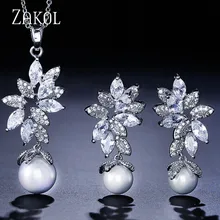 ZAKOL новые массивные Серьги Brincos микро проложили крошечные CZ Циркон Имитация жемчуга Серьги Кулон ожерелье набор украшений для женщин подарок для девочек