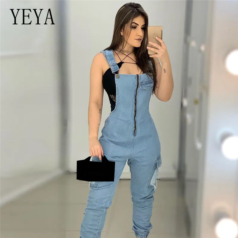 

YEYA Women Denim Zip Front Suspender Jeans Jumpsuit Casual Slim Button Bodysuit High Street Casual Working Clothes