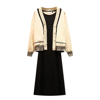 

2020 spring new vogue loose big yards knitted cardigan coat with tank dress suit women 2 pcs clothing set knitwear loose big