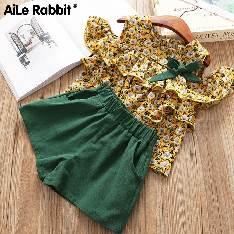 

2019 Girls Sets New Spring Summer Floral Children Sleeveless T-shirt+Solid Shorts 2PCS Kids Suit Fashion 3-7T Children Clothes