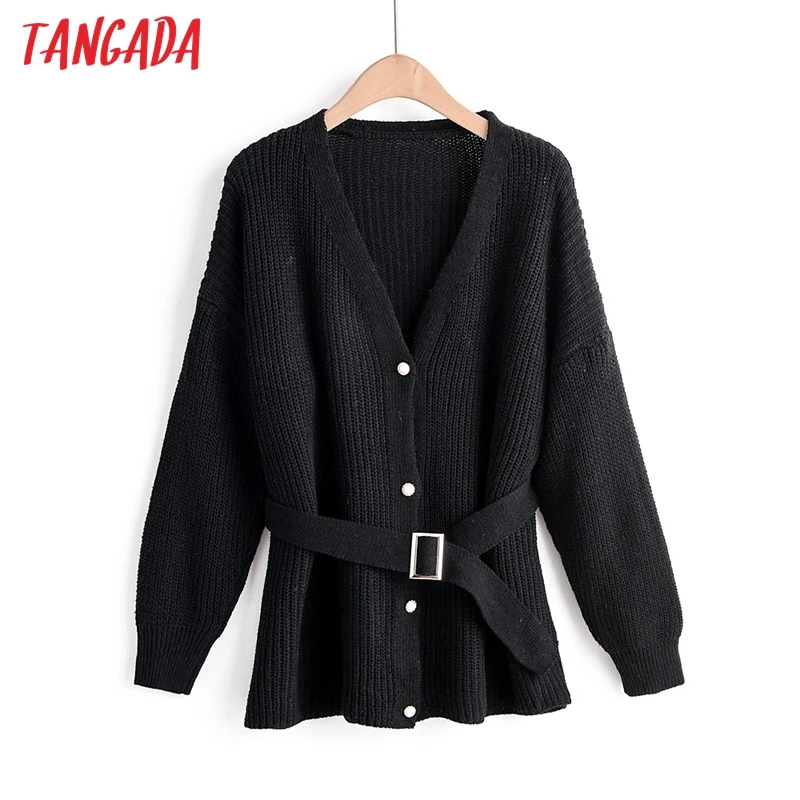 Tangada осенне-зимнее черное пальто-кардиган с поясом, винтажное, женский джемпер, Офисная Женская модная туника, вязаное пальто SL03