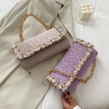 

Fashion Pleated Women Shoulder Bag Chain Elegant Dinner Clutch Portable Female Pearl Decor Underarm Handbag Daily Tote Bags