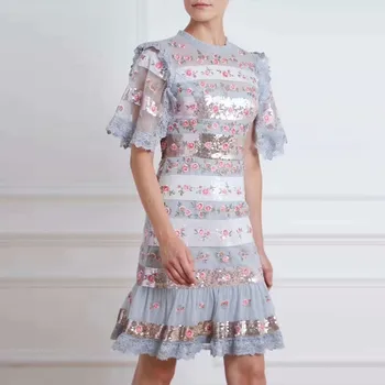 

Luxury Patchwork Lace Flower Embroidery Women Dress Elegant Short Sleeve A-Line Dresses M3914