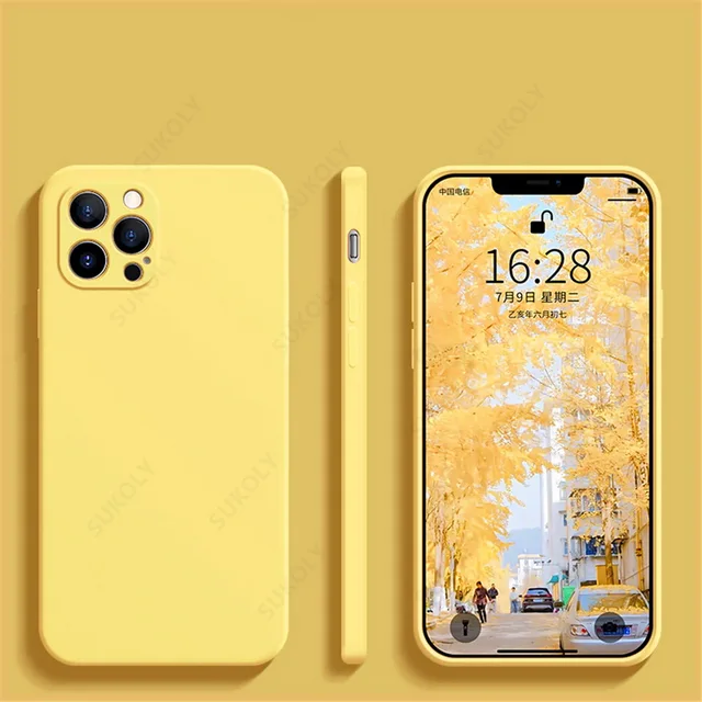 Luxury Liquid Silicone Case on For iPhone 13 11 12 Pro Max SE 2 2020 XS Max XR X 7 8 6 6S Plus Cover Soft Camera Protection Case Lemon Yellow