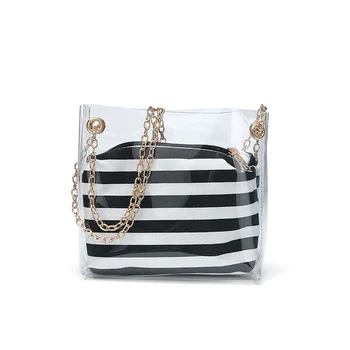 

Women Striped Jelly Shoulder New Style Chain Cool Messenger Crossbody Bucket Transparent Bag