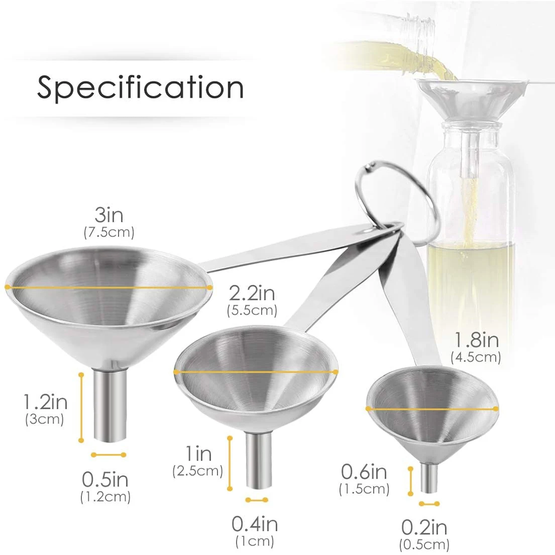 3Pcs/set Stainless Steel Funnels with Long Handle Small Funnels Strainer for Kitchen Transferring Fluid Liquid Oil Powder Filter