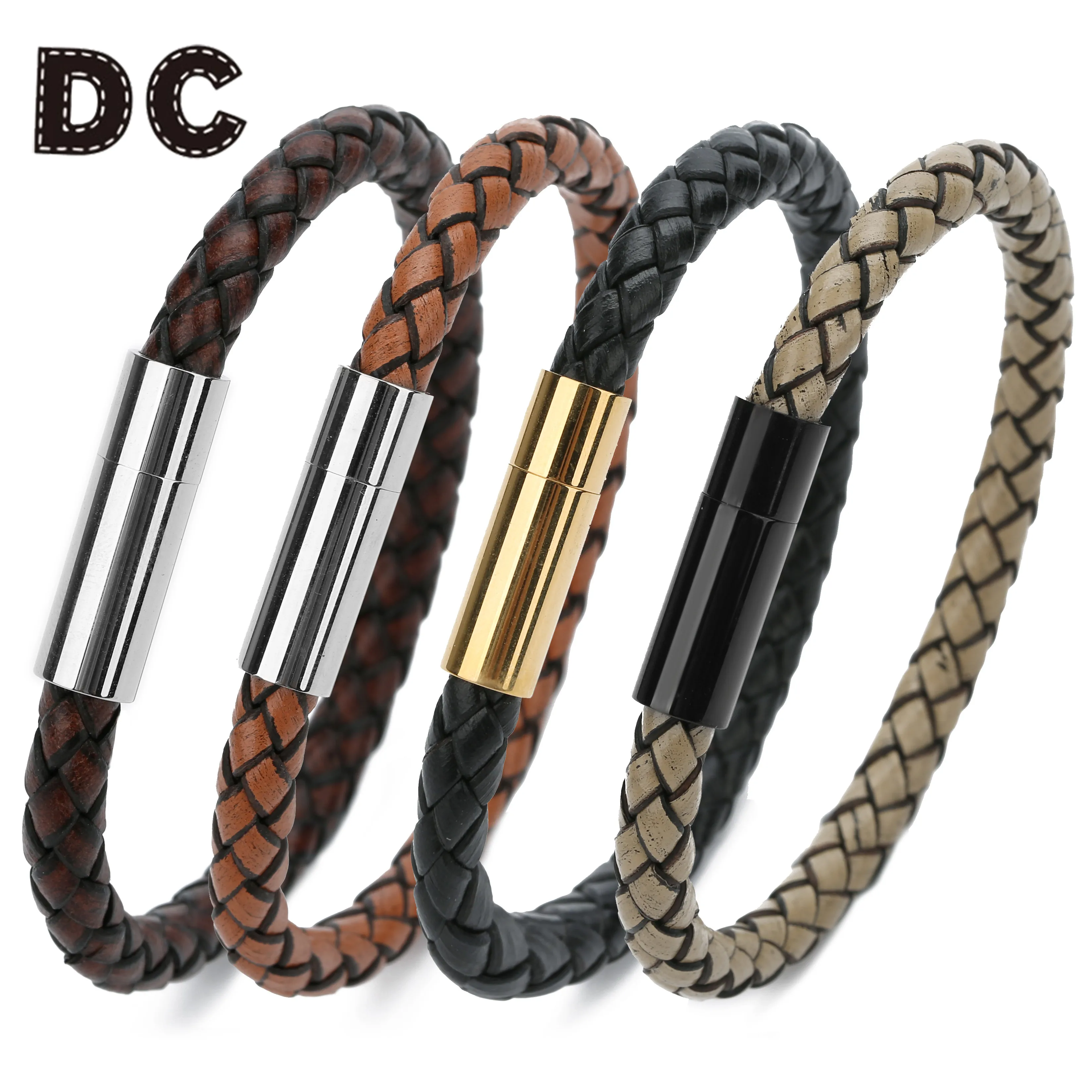

DC Braided Men Punk Black Brown Genuine Leather Bracelet for Men Stainless Steel Magnetic Clasp Fashion Bangles Jewelry Gifts