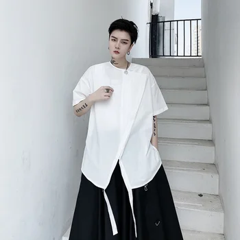 

Male Women Japan Karajuku Streetwear Loose Vintage Fashion Couple Shirts Men Ribbon Splice Short Sleeve Casual Pullover Shirt