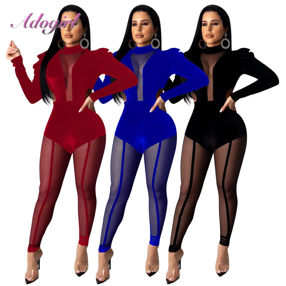 Sexy Sheer Mesh Patchwork Velvet Hollow Out Backless Night Party Jumpsuit Women Long Sleeve Rompers Outfit Overalls | Женская одежда