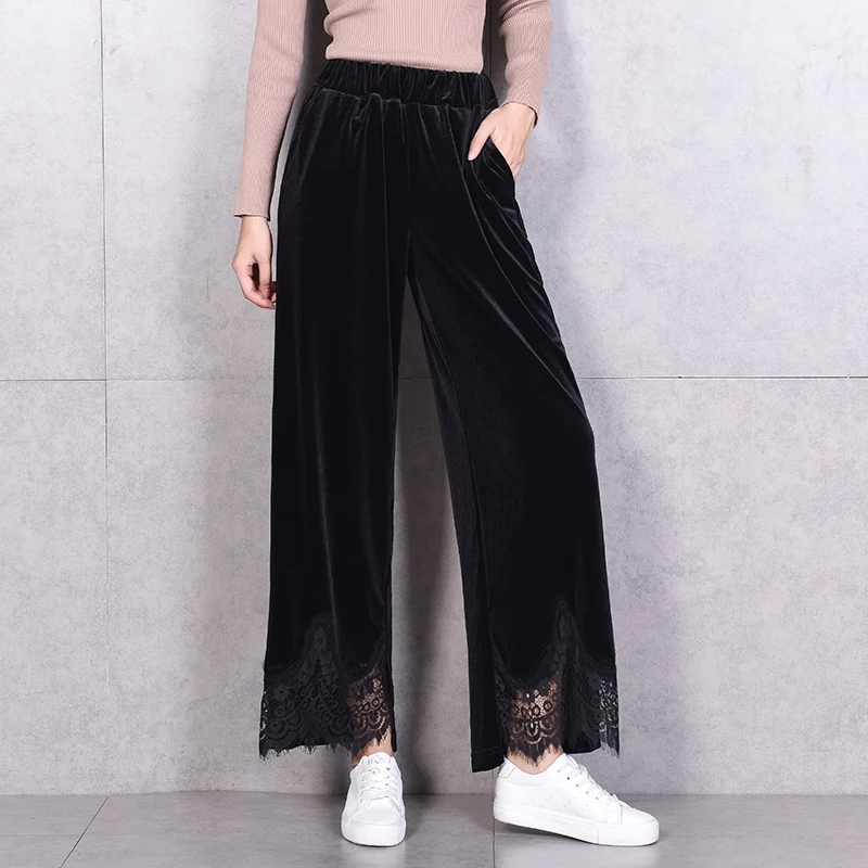 

Winter Wide Leg Velvet Pants Women 2019 High Waist Split Lace Pants Elastic Casual Long large size female Retro Trousers Spring