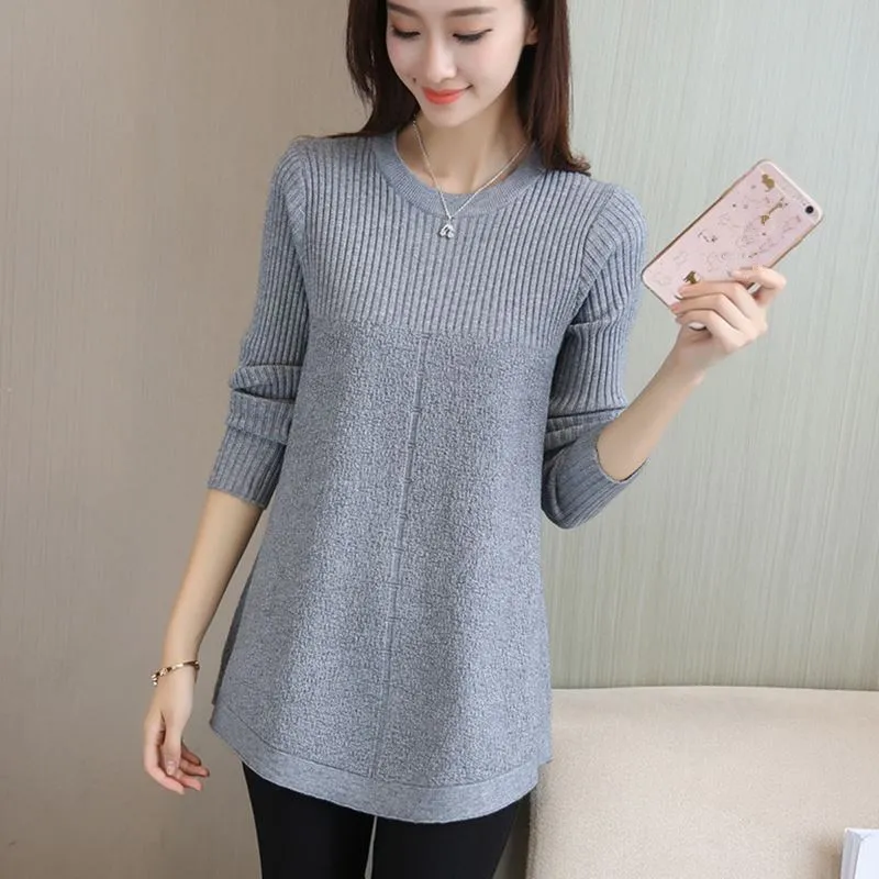 

Women Round Neck Pullover Knit Sweater Autumn Winter Long Sleeve Solid Sweater Loose Large Size Tops