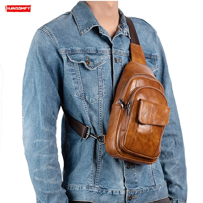 

2022 new Leather men's first layer cowhide multifunctional chest bag for travel with diagonal business all-match shoulder bags