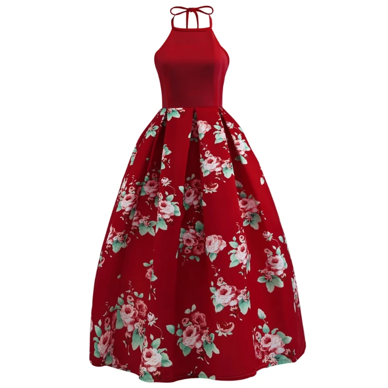 

Halter Sleeveless Floral Printed Long Maxi Dress Evening Ball Gown Prom Formal