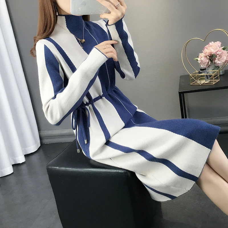 

Женское трикотажное платье, зимнее платье-свитер с высоким воротником, женские платья на шнуровке с длинным рукавом, вязаное платье, осень 2019, DD2457