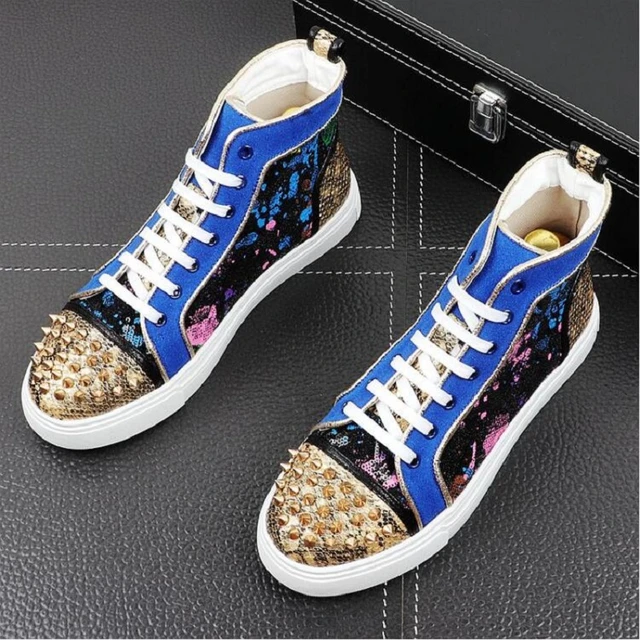 2021 High Top Micro Suede Genuine Leather Spikes Shoes For Men Casual Flats  Loafers Color Crystal Rivets Sneakers 1h28 - AliExpress