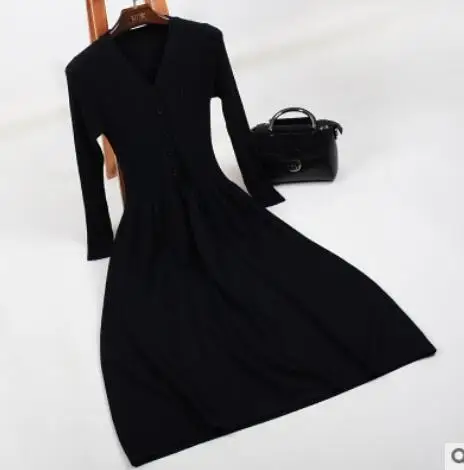 9 цветов-Франция шикарное сексуальное трикотажное платье с v-образным вырезом приталенное женское платье тонкое ТРАПЕЦИЕВИДНОЕ ПЛАТЬЕ осень зима - Цвет: Черный