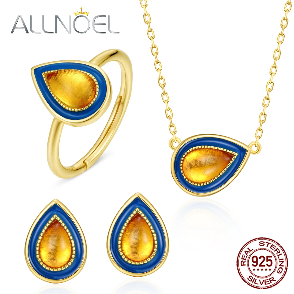 

ALLNOEL 925 Sterling Silver Jewelry Set For Women Natural Amber Gem Retro Drip Oil Real Gold Engagement Wedding Fine Jewelry Set