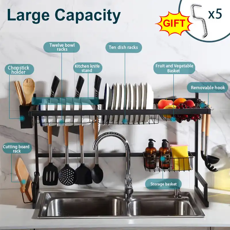 65cm 85cm Over De Gootsteen Roestvrijstalen Keuken Rek Schotel Kom Afvoer Drogen Plank Organizer Holder Met 4 Haken Racks Holders Aliexpress