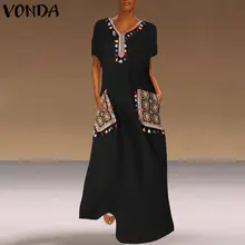 VONDA, винтажное длинное платье макси, Осенний сарафан с длинным рукавом, платья с принтом, женский свободный сарафан, повседневное богемное платье, 5XL