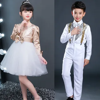 

White Patchwork Silver Gold Clothes Sets Boys 5PCS/SET Children Costume Formal Party Blazers Pants Bow Tie Vest Clothing Suits