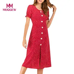 MUQGEW женское летнее повседневное офисное платье в горошек с круглым вырезом, облегающее платье с коротким рукавом длиной до колена, платье