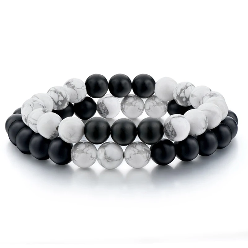 2pcs/set Couples Distance Bracelet Classic Natural Stone White and Black Yin Yang Beaded Bracelets for Men Women Best Friend Hot | Украшения