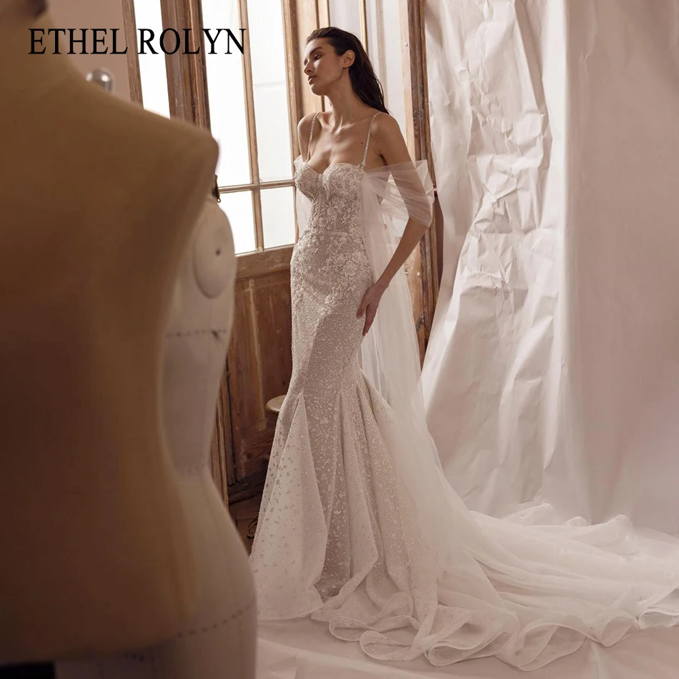 ETHEL ROLYN Abito da sposa a sirena Elegante abito da sposa lucido con perline e spalline ricamate senza schienale