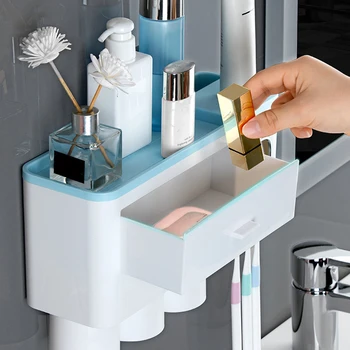 

Toothbrush Rack Toothpaste Dispenser Hands Free Toothpaste Squeezer with Cup Holder Drawer MDJ998