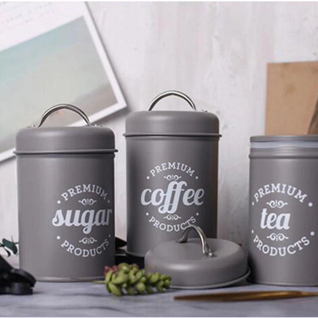 3pcs Tea Coffee Sugar Canister Metal Food Storage Tin for Kitchen Counter Tea Coffee Sugar Spices Sundries Storage Box