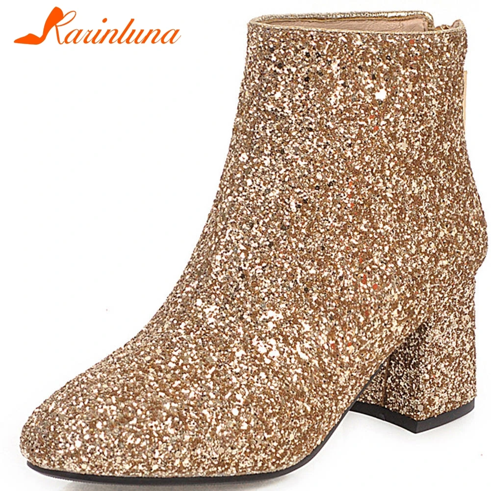 

Karinluna 2019 fashion big size 43 top quality bright sequin lady Shoes Woman Boots Female high heels ankle Boots Women shoes
