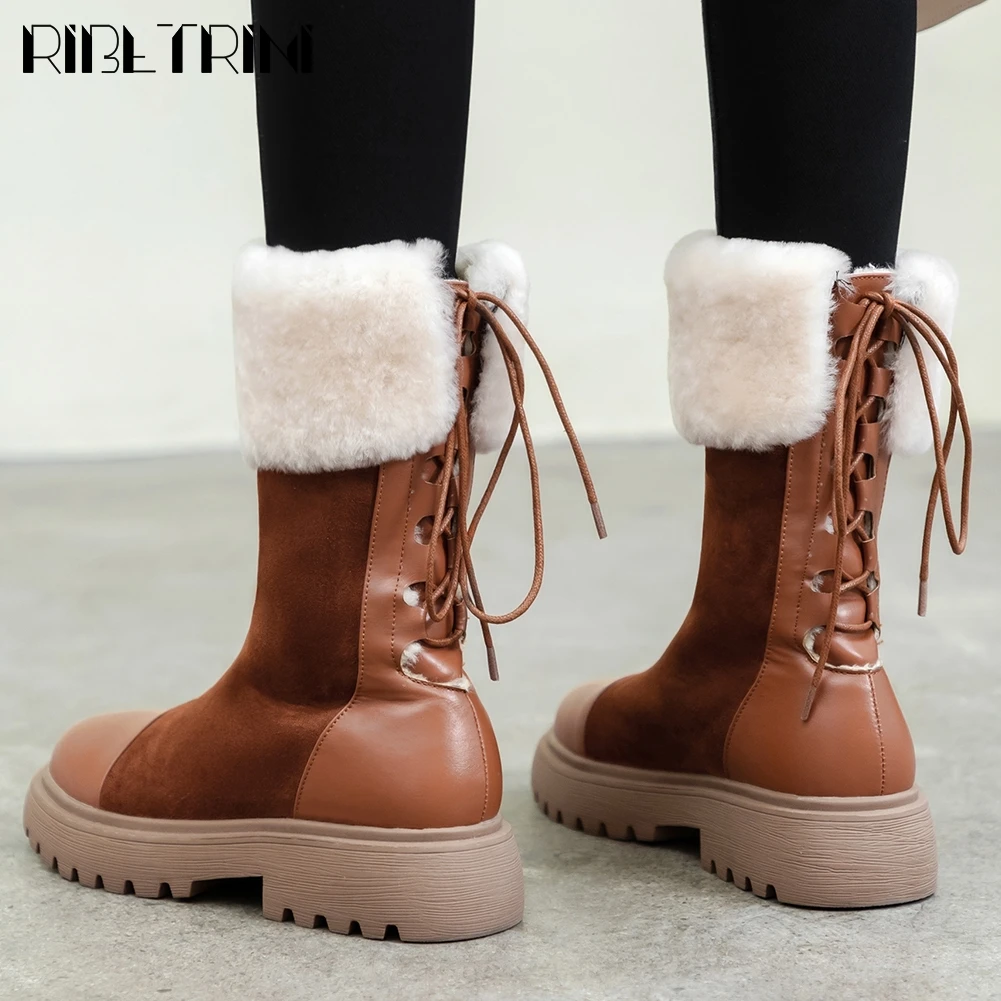 

RIBETRINI Brand Lady Thin Belt Fur Decoration Shoes Woman Round Toe Patchwork Ankle Snowboots Women 2020 Winter Snow Boots