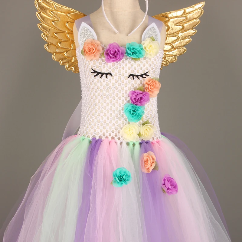 Girls Pastel Unicorn Flower Tutu Dress Princess Kids Pageant Party Tutu Dress with Headband wings Children Tulle Dress Ball Gown (9)