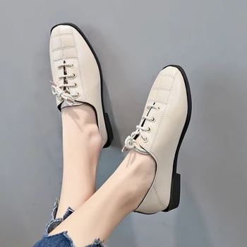 

2020 Casual Soft Girl Wild Low Heel Small Shoes Lace-Up Female Spring New Square Head Student Leather Retro Women's Shoes W40-58