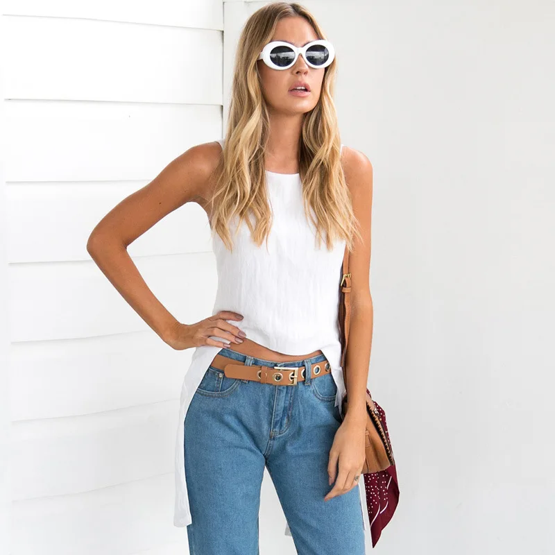 

Tank Tops Blouse Fashion Women Casual O-neck Sleeveless Asymmetrical Solid Vest Button Shirt summer sexy blusa femininas