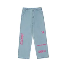 Pantalones vaqueros con estampado de letras para hombre y mujer, Pantalón ancho informal, estilo Hip Hop, Kpop, moda coreana, 2021