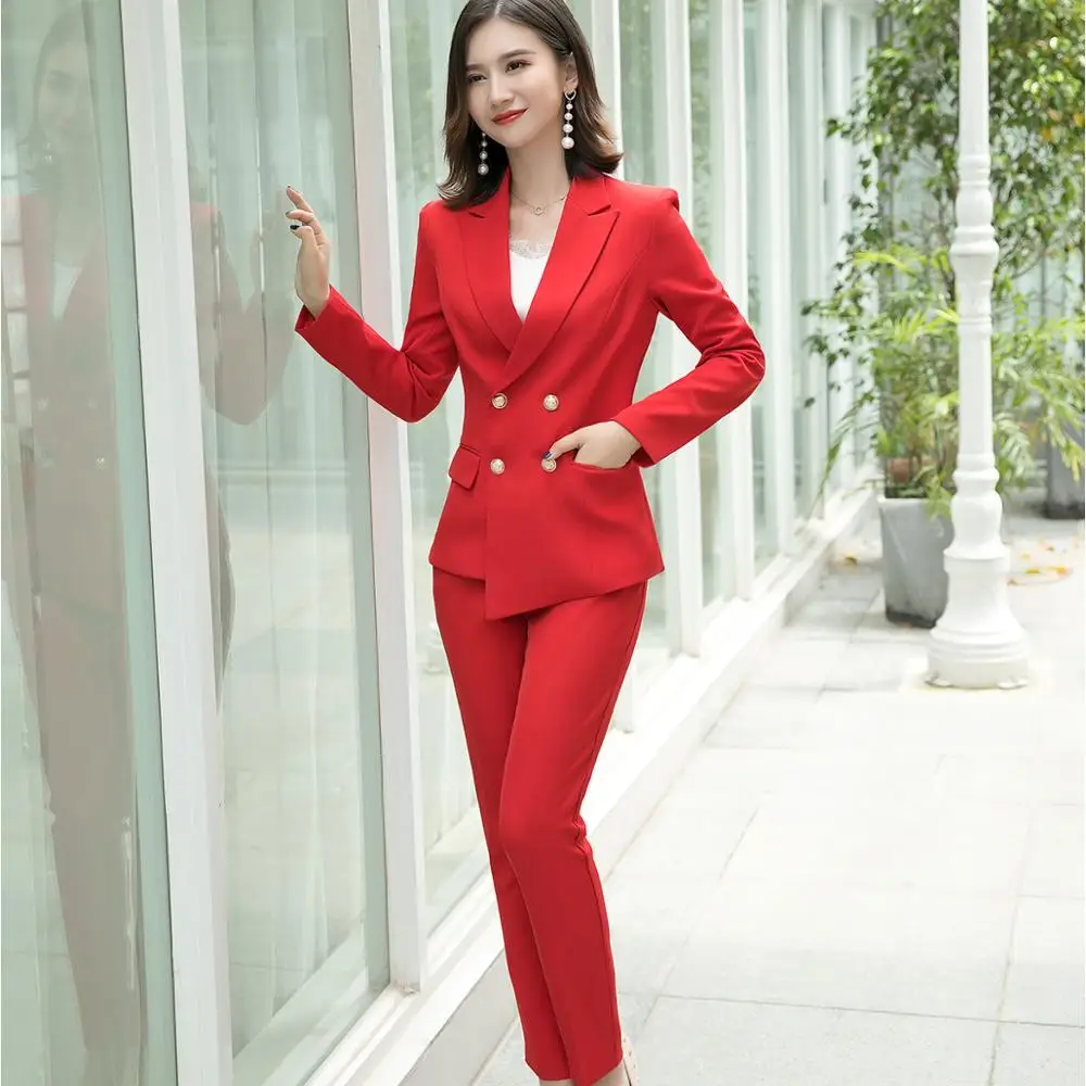 Женский модный брючный костюм комплект из 2 предметов, костюм с короткими рукавами двубортный красный пиджак на пуговицах и штаны для девочек, одежда для работы в отеле